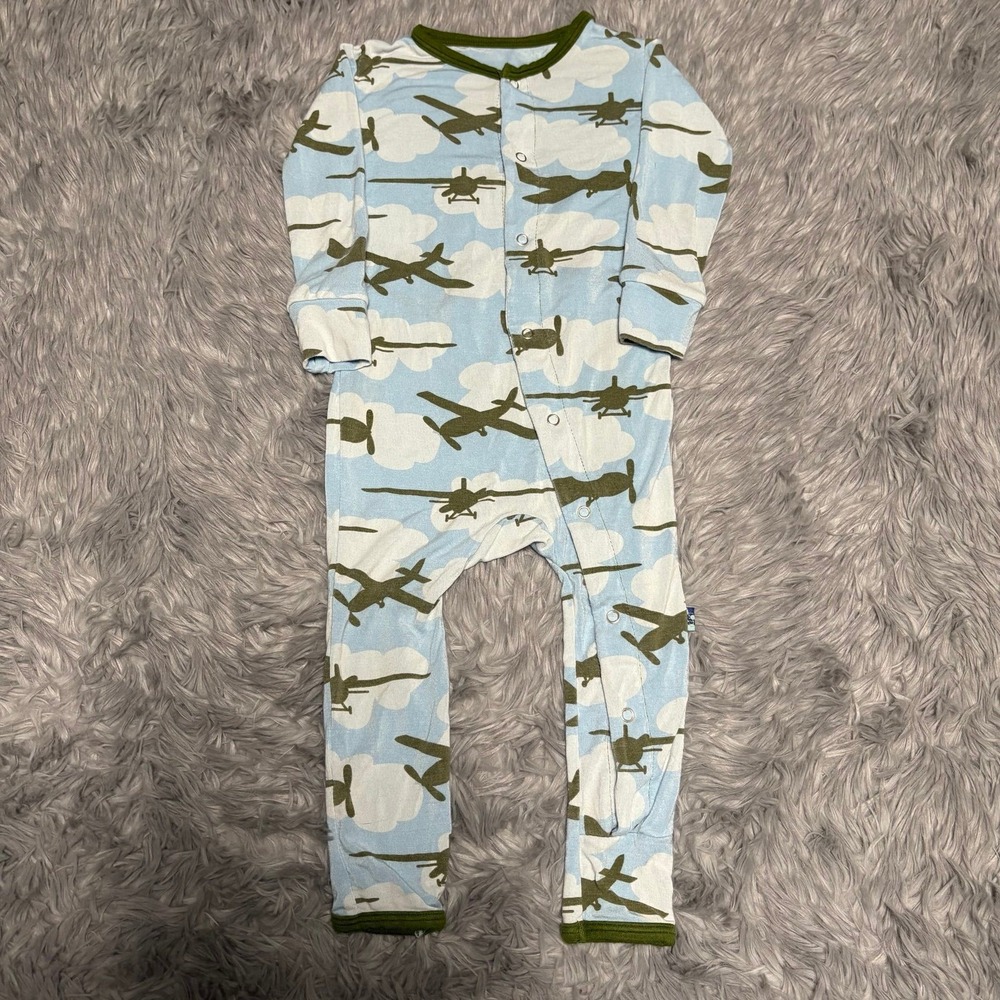 Kickee Pants Airplane Footless Snap Sleeper Light Blue Olive Baby 9-12 months